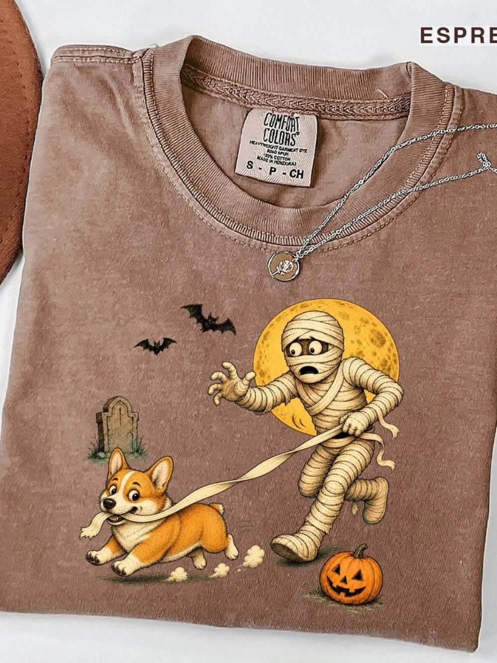 Comfort Colors Espresso Halloween Mummy & Corgi Graphic Tee